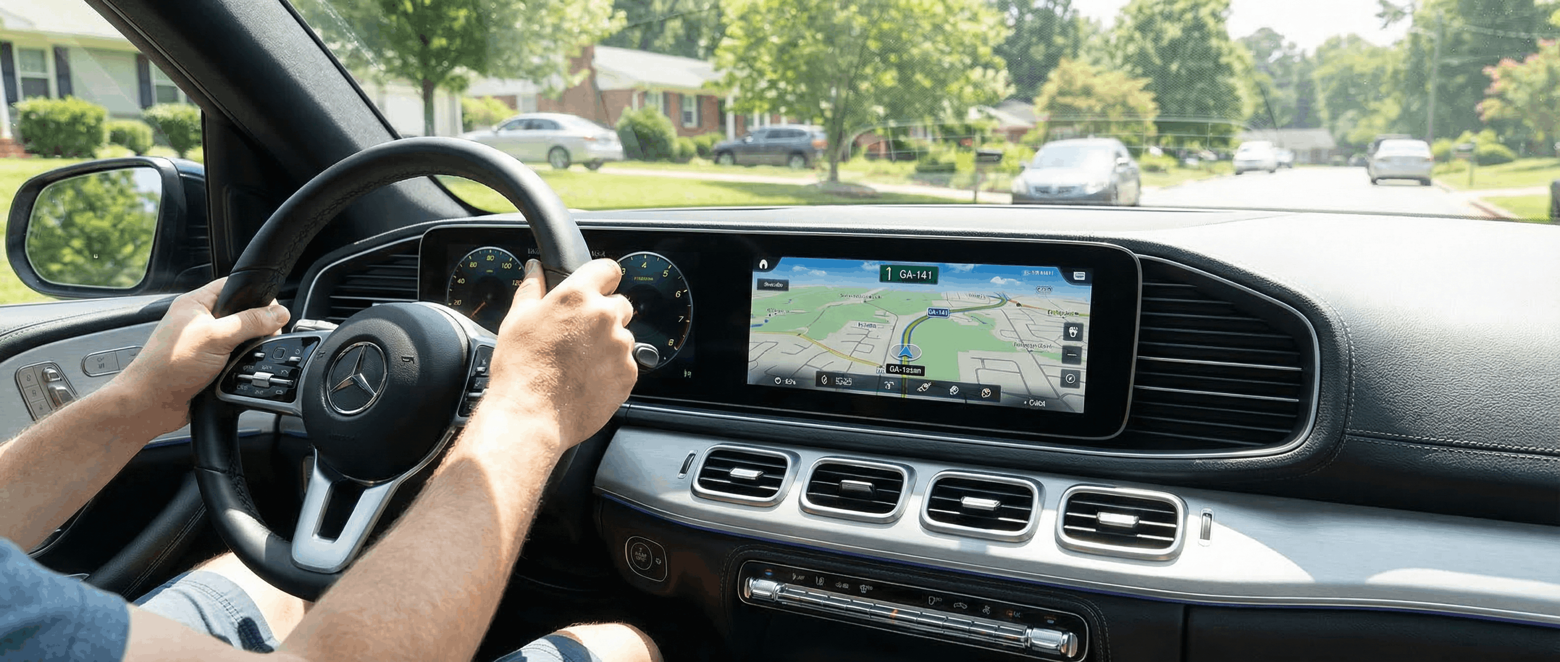 Mercedes-Benz MBUX navigation system displaying GA-141 route options in Duluth, GA